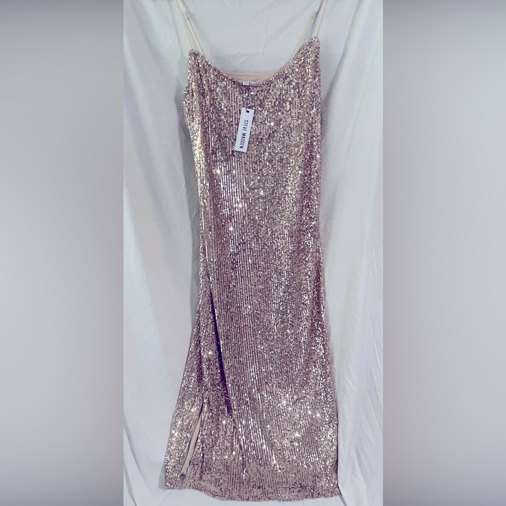 NWT BB Dakota by Steve Madden Spaghetti Strap Rose Gold Sequin Slit Midi Dress L